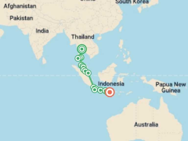 Map itinerary of Asia Tour in April 2027 with 19 destination visits for the trip: Bangkok to Kuta: Summits & Sunsets