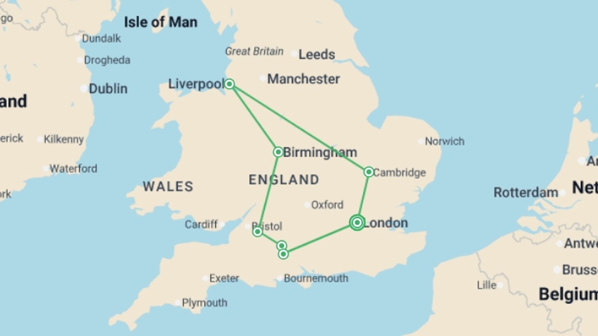 A map showing the tour itinerary for the trip: Touring Southern England with London, starting in London, England and ending in London, England going through 3 other destinations.