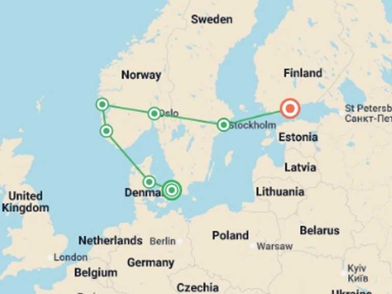 Map of Scandinavia Tour with 7 destination visits for the trip: From Copenhagen to Helsinki