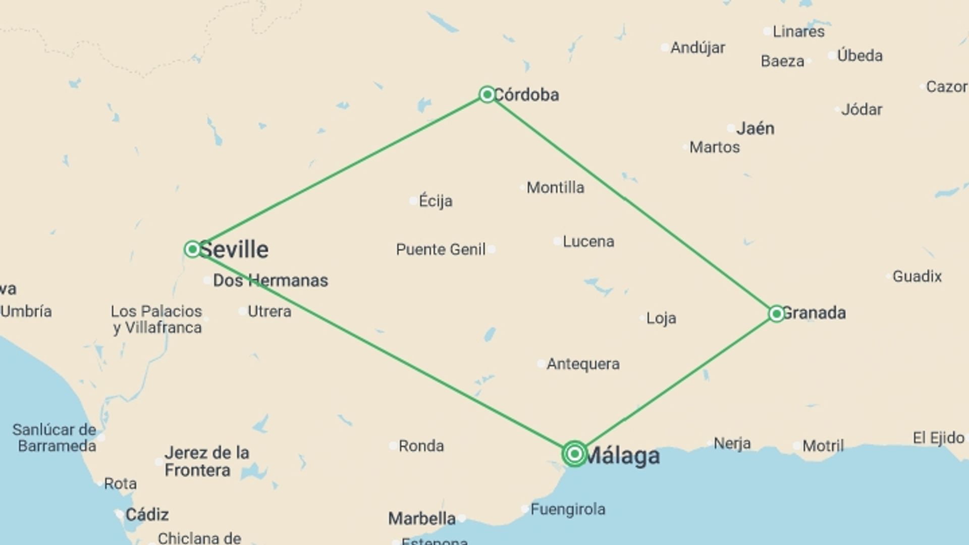 A map showing the tour itinerary for the trip: Heart Of Andalusia 6 Days, Self-drive, starting in Malaga, Spain and ending in Malaga, Spain going through 3 other destinations.