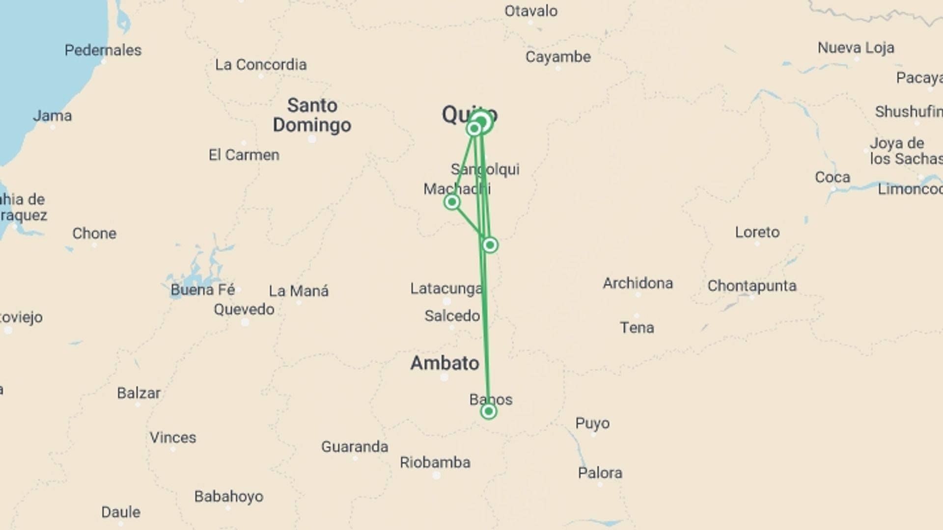 A map showing the tour itinerary for the trip: 3-Day Trip to Cotopaxi, Quilotoa & Baños on the Andes, starting in Quito, Ecuador and ending in Quito, Ecuador going through 4 other destinations.