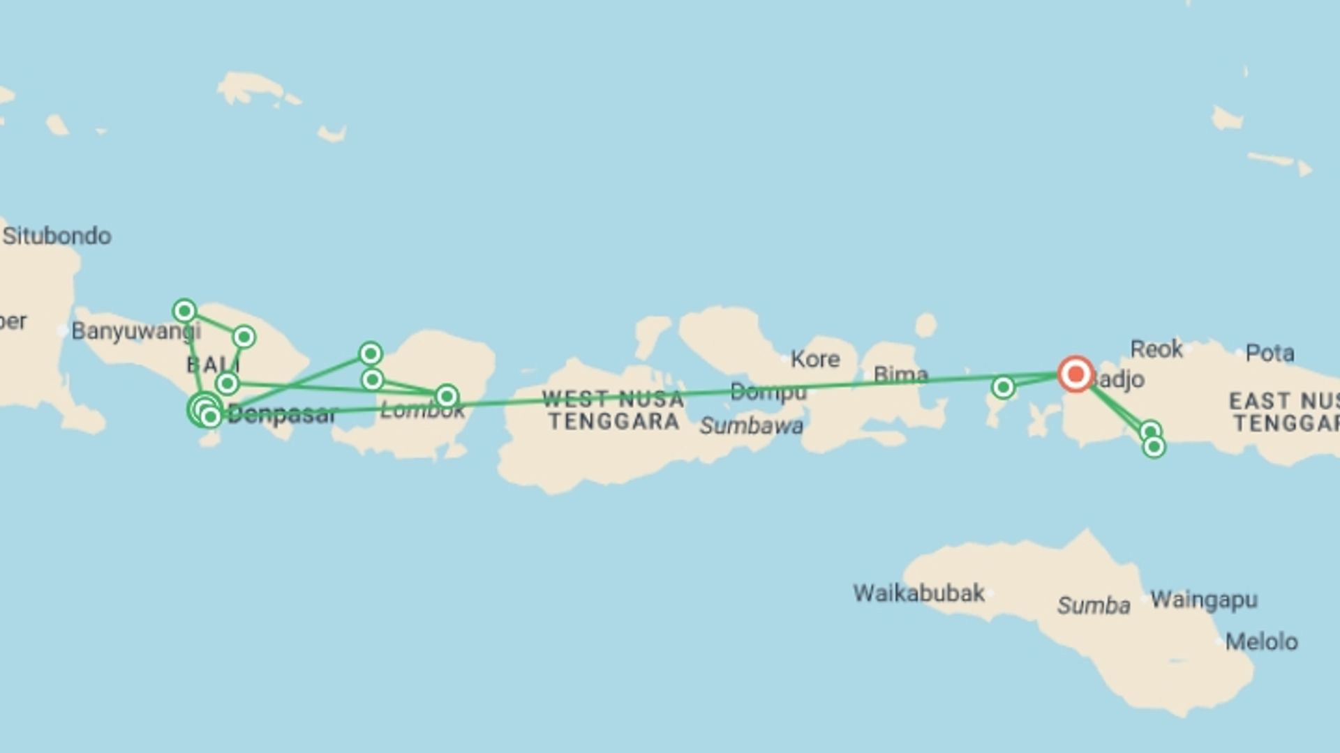 A map showing the tour itinerary for the trip: Bali, Lombok, Gili & Flores: The Island Sampler, starting in Canggu, Indonesia and ending in Labuan Bajo, Indonesia going through 10 other destinations.