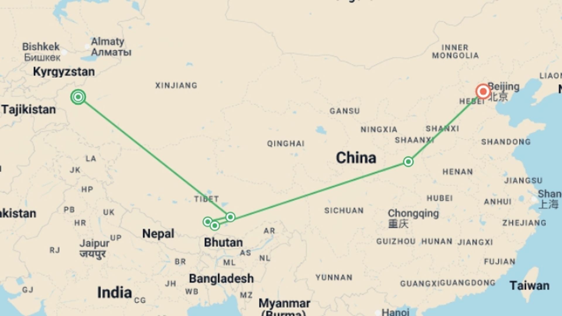 A map showing the tour itinerary for the trip: Kashgar To Beijing (23 Days), starting in Kashgar, China and ending in Beijing, China going through 4 other destinations.