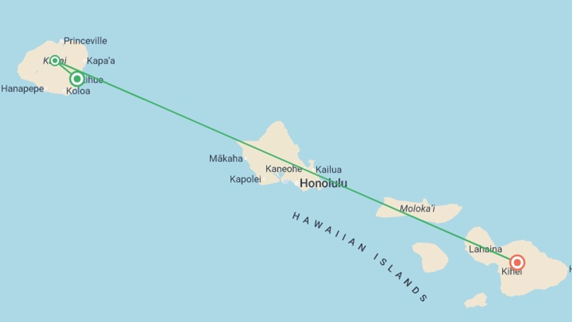 A map showing the tour itinerary for the trip: Aloha Hawaii Discovering Kauai and Maui, starting in Lihue, USA and ending in Maui, USA going through 2 other destinations.