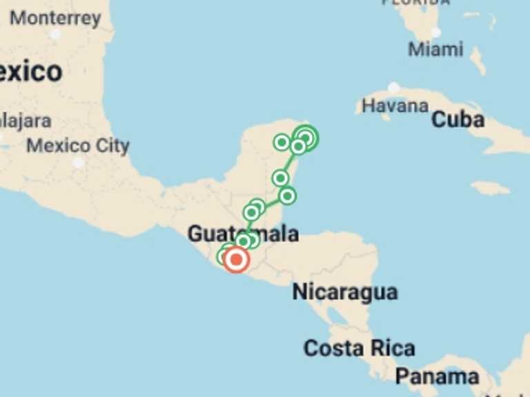 Map of a Walking Tour with 14 destination visits for the trip: CENTRAL AMERICA INTRO
