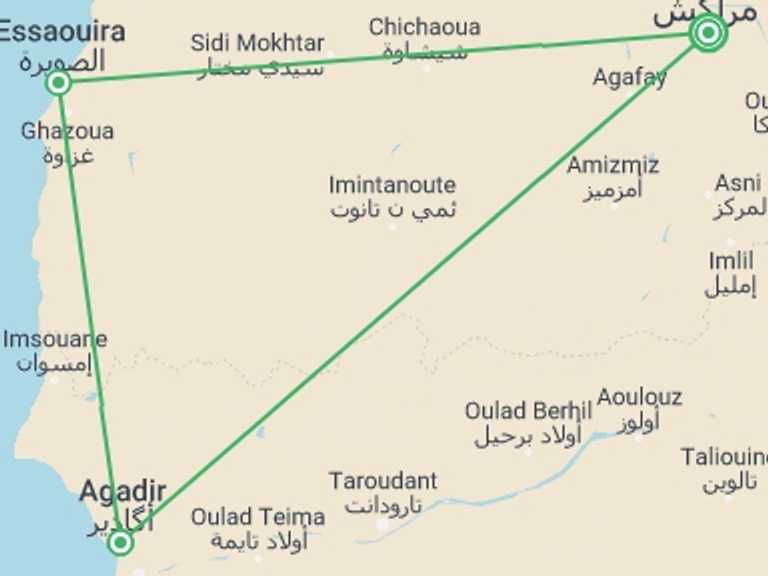 Map of 9-Day Marrakech Tour with 3 destination visits for the trip: Marrakech, Essaouira & Agadir, Private Tour