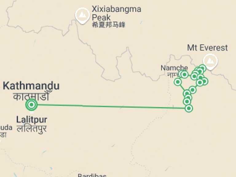 Map itinerary of Everest Base Camp - 3 Passes trek Tour in April 2027 with 14 destination visits for the trip: 20 Days EBC 3 High Passes Trek