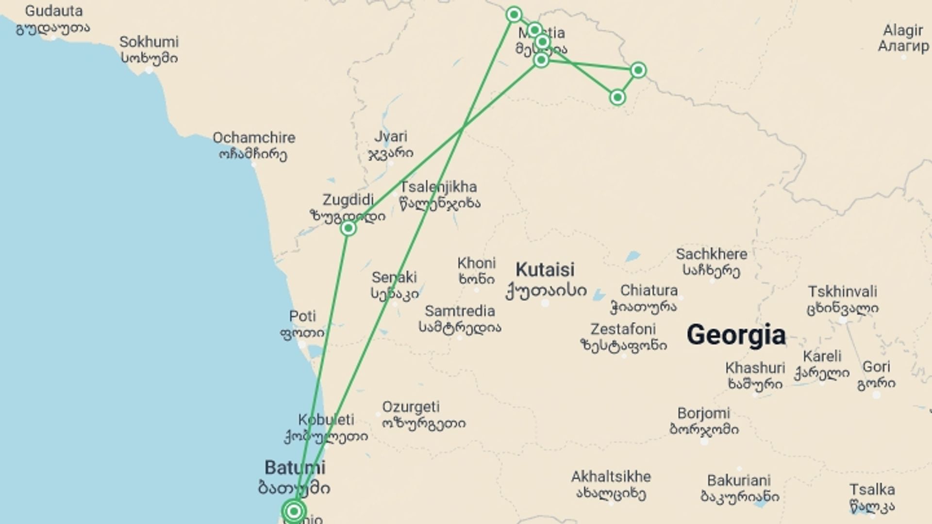 A map showing the tour itinerary for the trip: Hiking in the Georgian Caucasus, starting in Batumi, Georgia and ending in Batumi, Georgia going through 6 other destinations.