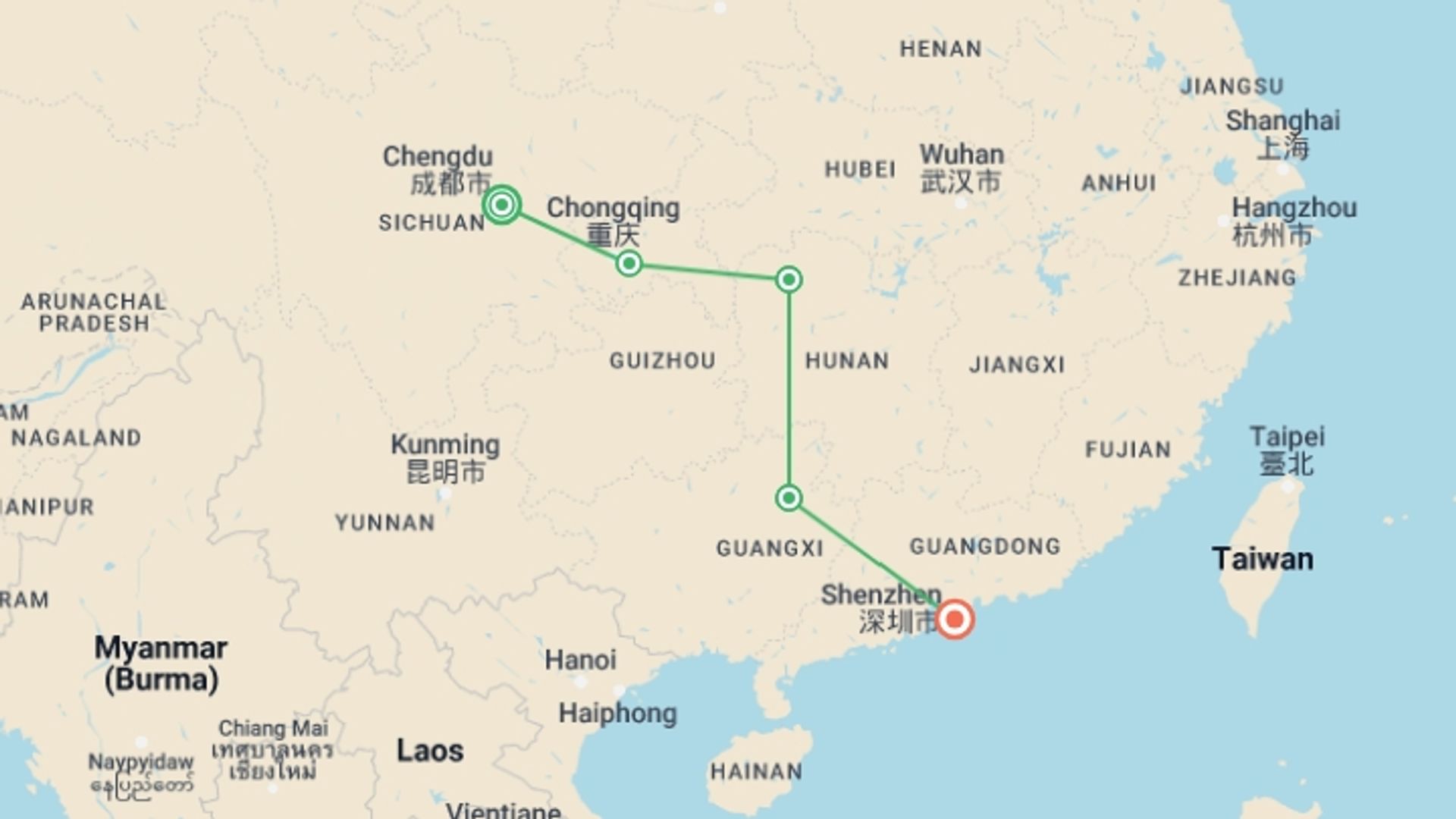 A map showing the tour itinerary for the trip: China: National Parks & Vibrant Cities, starting in Chengdu, China and ending in Hong Kong, Hong Kong going through 3 other destinations.