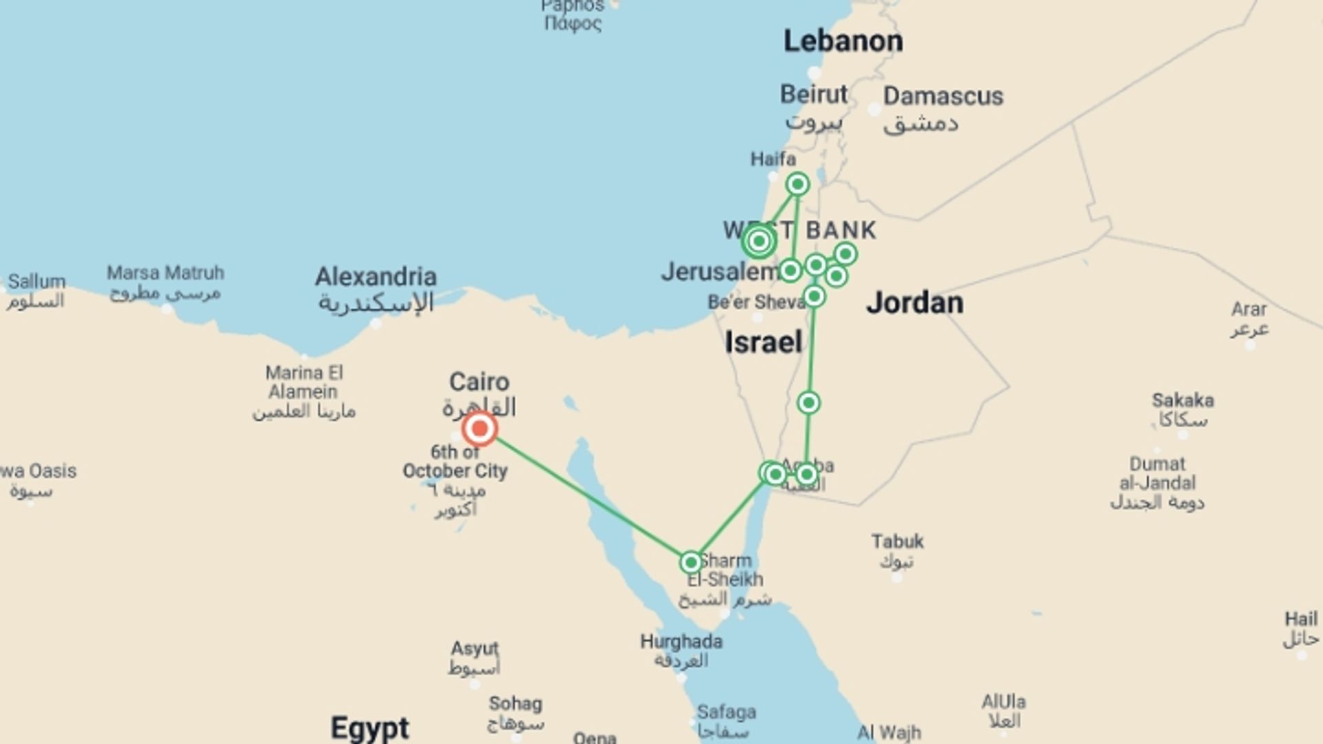 A map showing the tour itinerary for the trip: Dream of Middle East, starting in Tel Aviv, Israel and ending in Cairo, Egypt going through 7 other destinations.