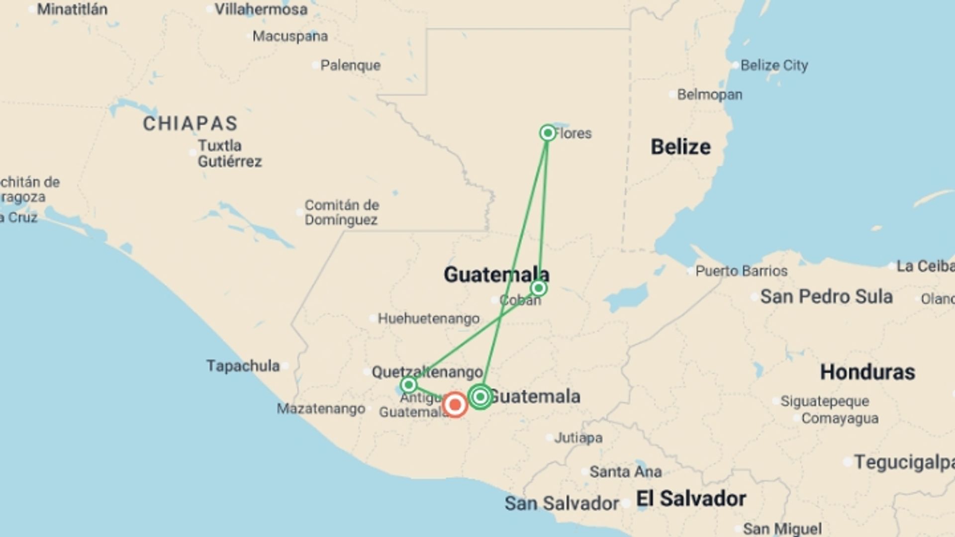 A map showing the tour itinerary for the trip: Highlights of Guatemala, starting in Guatemala City, Guatemala and ending in Antigua, Guatemala going through 3 other destinations.