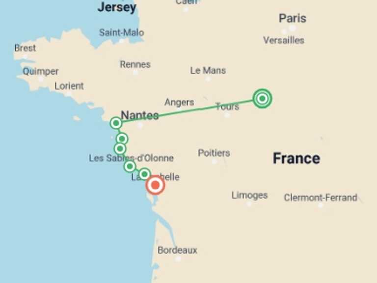Map of Europe Tour with 8 destination visits for the trip: Atlantic Coast Cycle -  Nantes to La Rochelle
