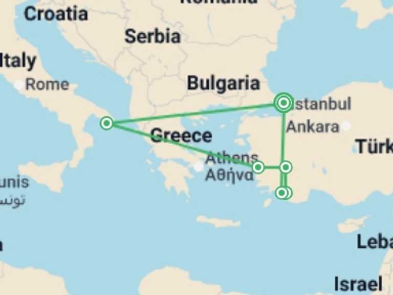 Map of Europe Tour with 6 destination visits for the trip: Aegean Explorer&blue Escape - 11 Days