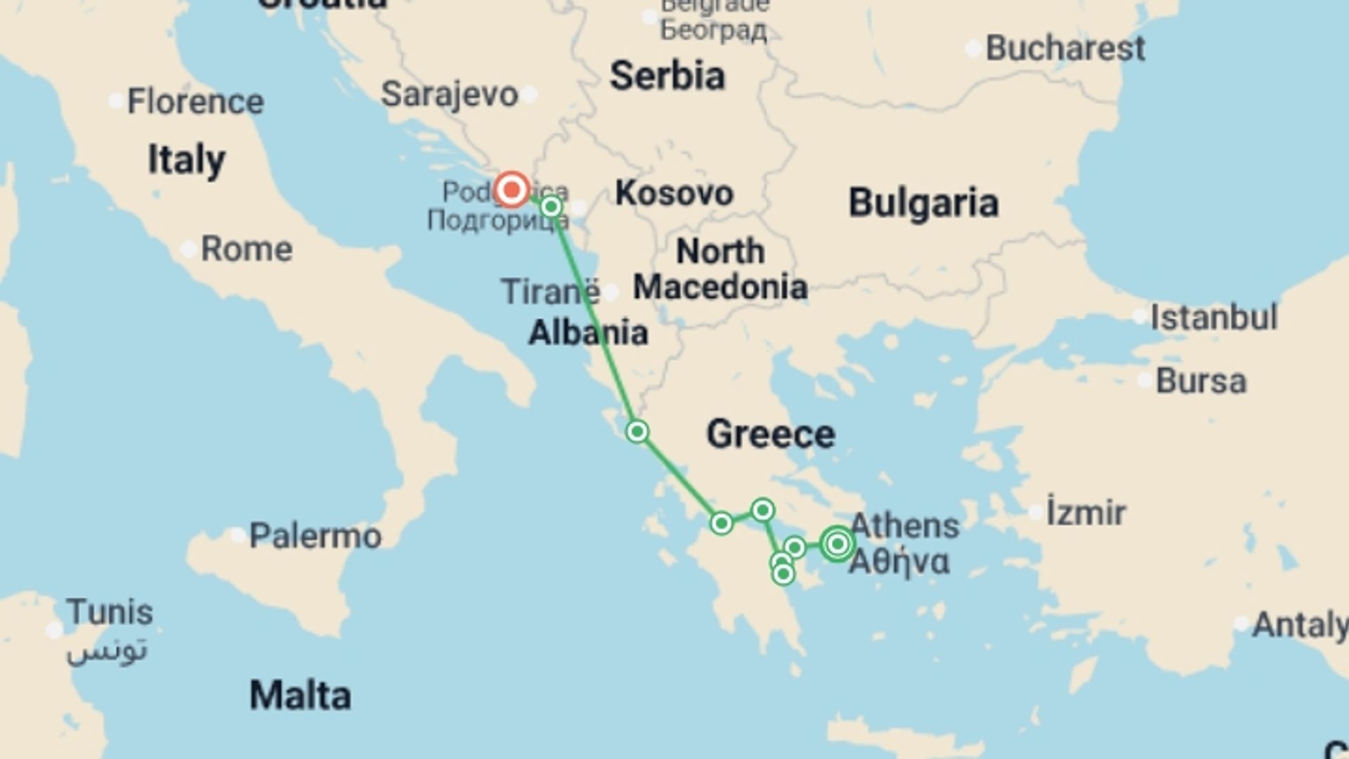 A map showing the tour itinerary for the trip: From Athens to Dubrovnik 
The Corinth Canal, the Meteora and The Bay of Kotor (port-to-port cruise), starting in Athens, Greece and ending in Dubrovnik, Croatia going through 5 other destinations.