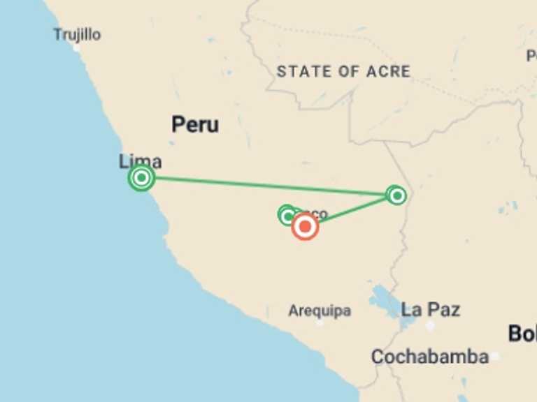 Map of Lima Tour with 8 destination visits for the trip: Journeys: Machu Picchu and the Amazon