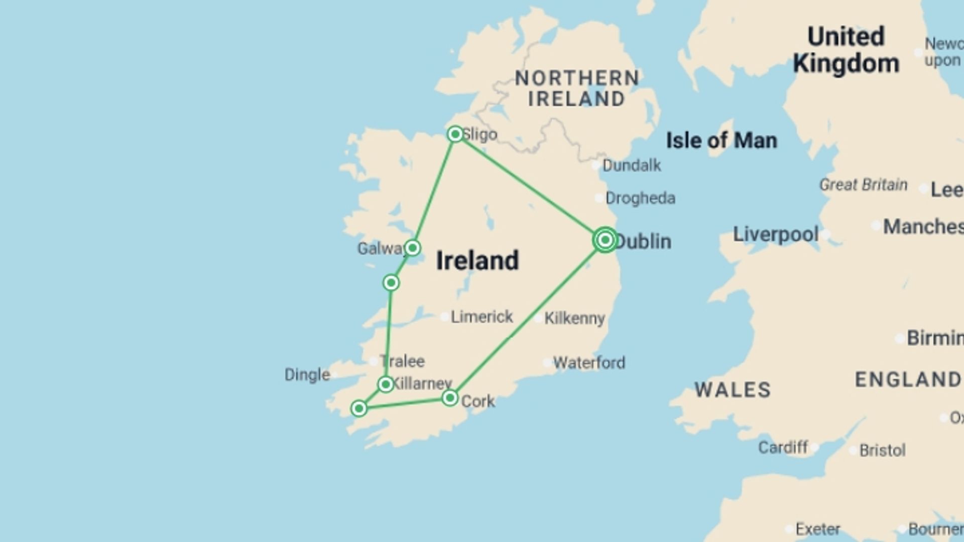A map showing the tour itinerary for the trip: Enchanting Ireland, starting in Dublin, Ireland and ending in Dublin, Ireland going through 3 other destinations.