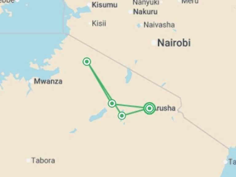 Map of Tanzania Tour with 4 destination visits for the trip: Tanzania & Zambia Big 5 Safari Tour