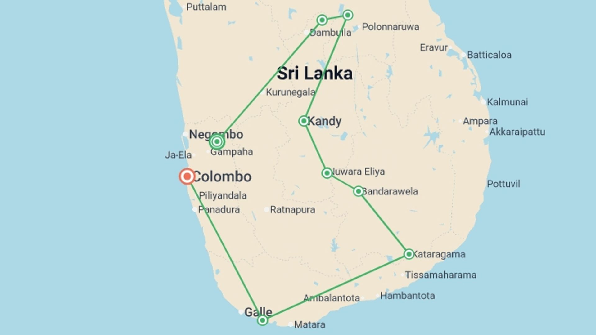 A map showing the tour itinerary for the trip: Discover Sri Lanka, starting in Veyangoda, Sri Lanka and ending in Colombo, Sri Lanka going through 7 other destinations.