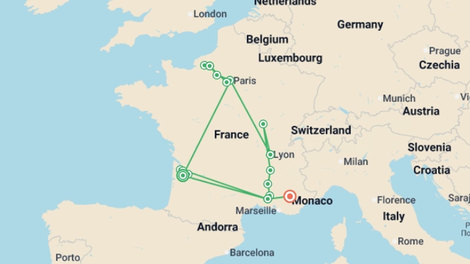 A map showing the tour itinerary for the trip: Ultimate France (2027), starting in Bordeaux, France and ending in Provence, France going through 14 other destinations.