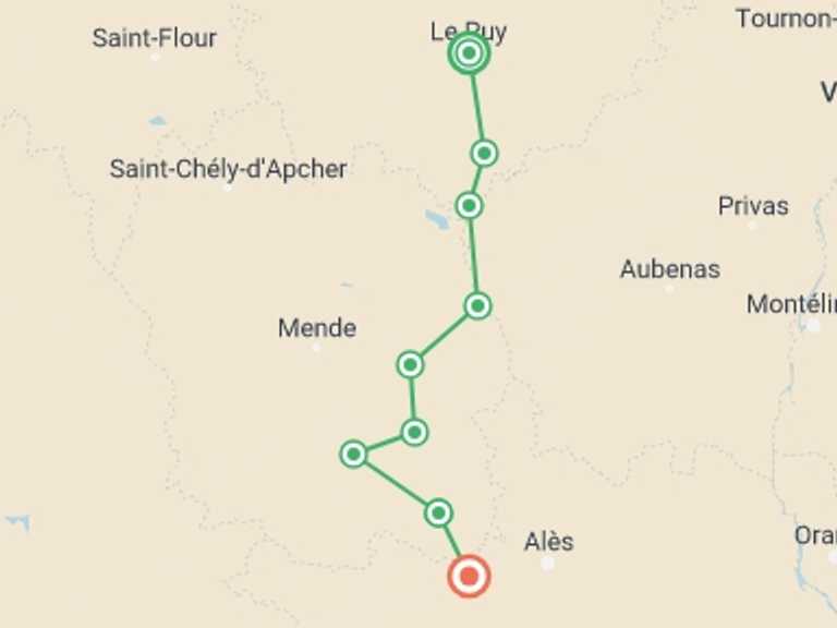 Map of The Way of St. James Walking Tour with 11 destination visits for the trip: Stevenson's Trail: The Cevennes - 11 Days