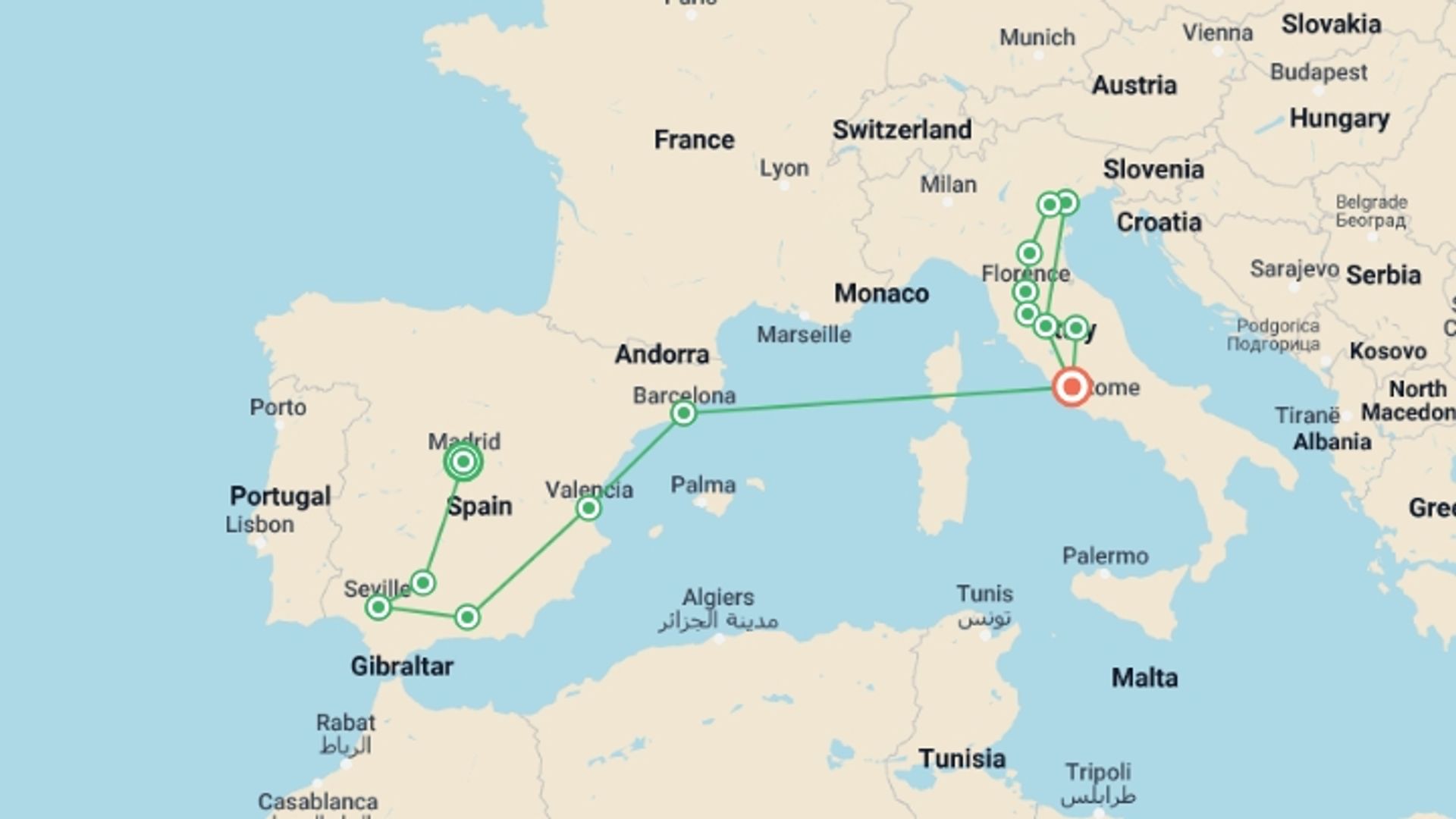 A map showing the tour itinerary for the trip: Jewels of Spain and Italy, starting in Madrid, Spain and ending in Rome, Italy going through 6 other destinations.