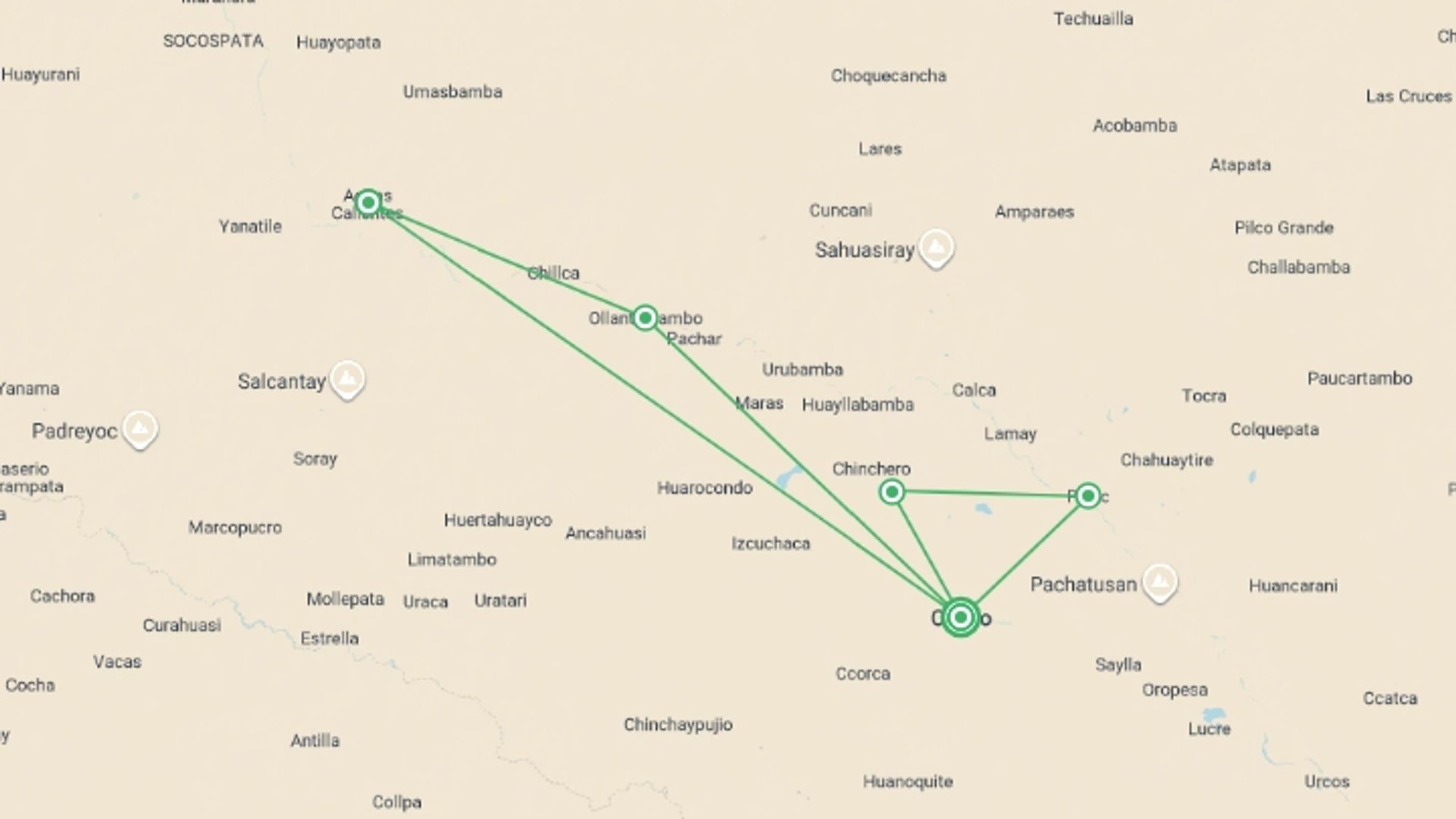 A map showing the tour itinerary for the trip: Peru: Hike, Bike, Raft & SUP, starting in Cusco, Peru and ending in Cusco, Peru going through 4 other destinations.