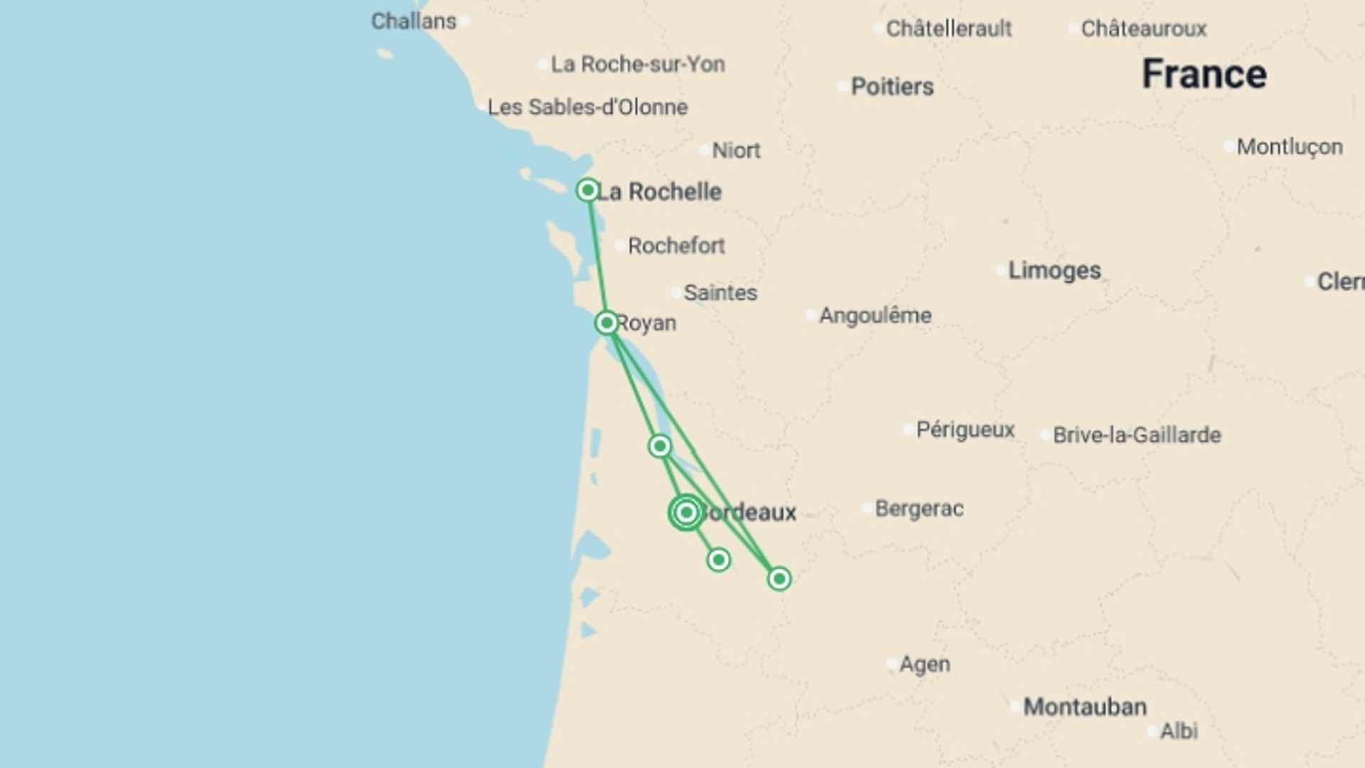 A map showing the tour itinerary for the trip: Aquitaine Reimagined: Bordeaux, Its Rivers and Great Wines ¿ An Exclusive Cruise with Lunch at a Château (port-to-port cruise), starting in Bordeaux, France and ending in Bordeaux, France going through 3 other destinations.