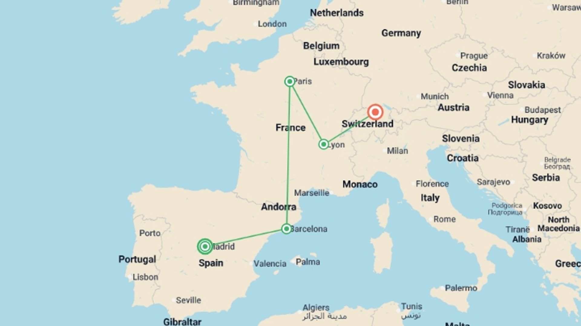 A map showing the tour itinerary for the trip: Spain, France and Switzerland, starting in Madrid, Spain and ending in Zurich, Switzerland going through 3 other destinations.