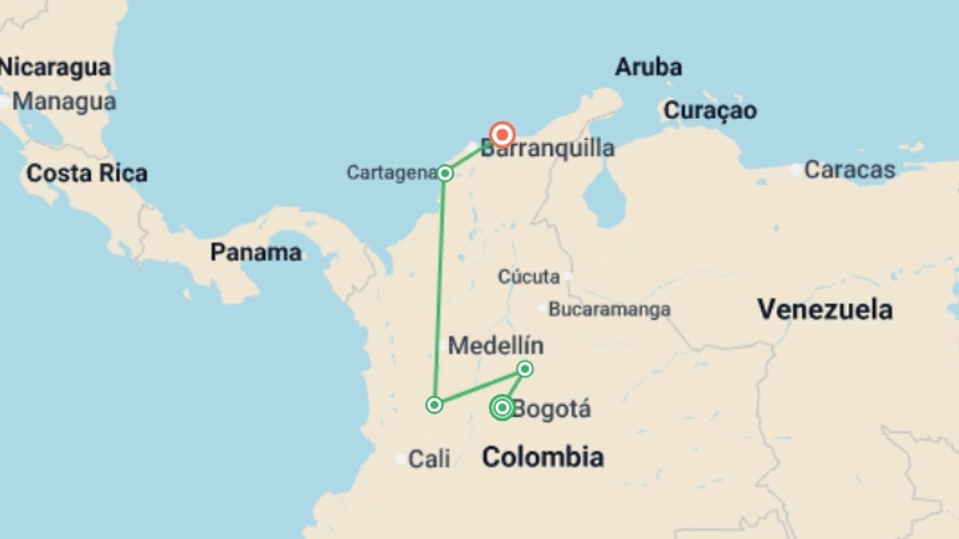 A map showing the tour itinerary for the trip: Bogota to Tayrona - 10 days, starting in Bogota, Colombia and ending in Tayrona National Park, Colombia going through 3 other destinations.