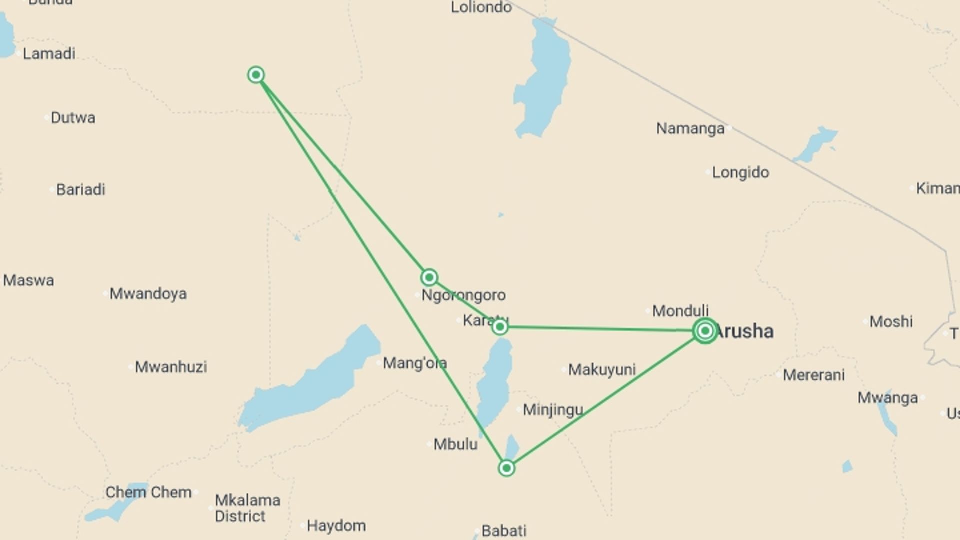 A map showing the tour itinerary for the trip: Highlights of Tanzania Safari 5D/4N (Tarangire, Serengeti & Ngorongoro), starting in Arusha, Tanzania and ending in Arusha, Tanzania going through 3 other destinations.