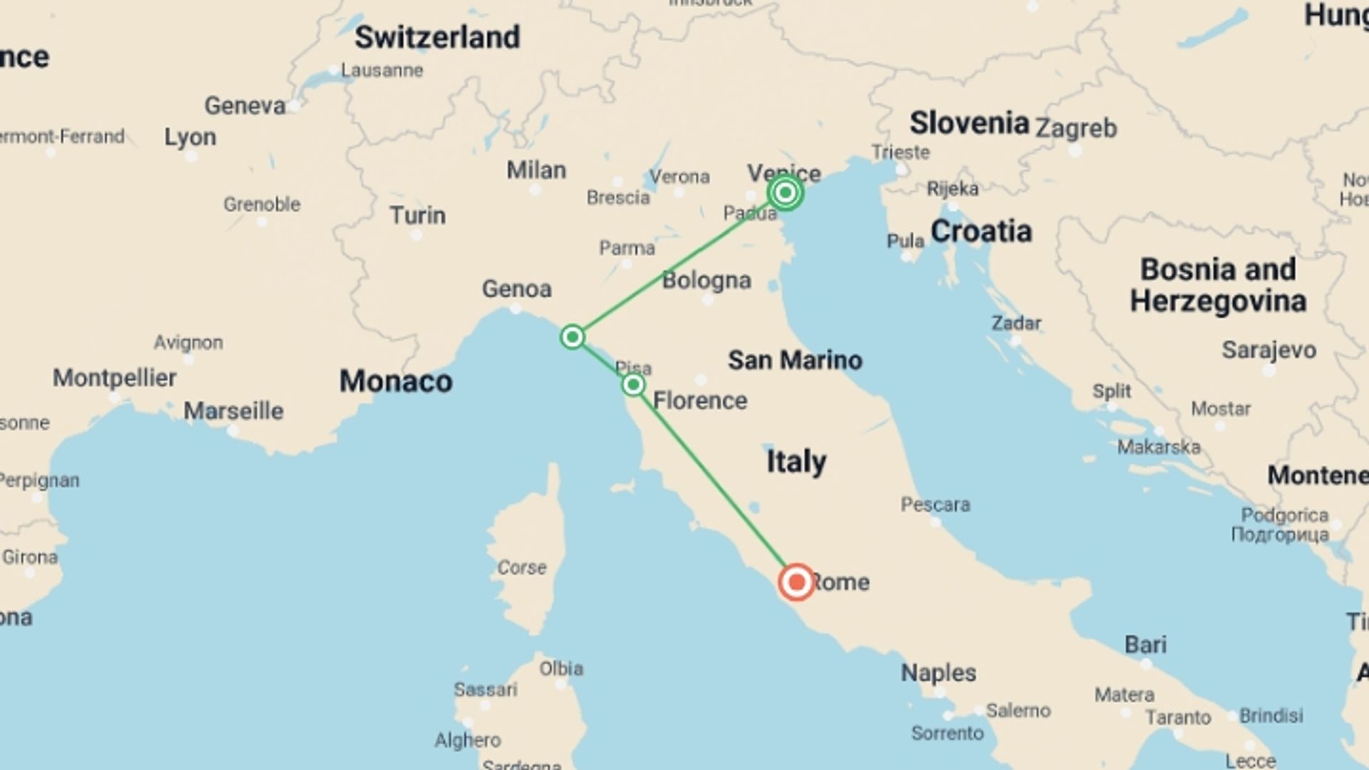 A map showing the tour itinerary for the trip: Northern Italy Family Holiday, starting in Venice, Italy and ending in Rome, Italy going through 2 other destinations.