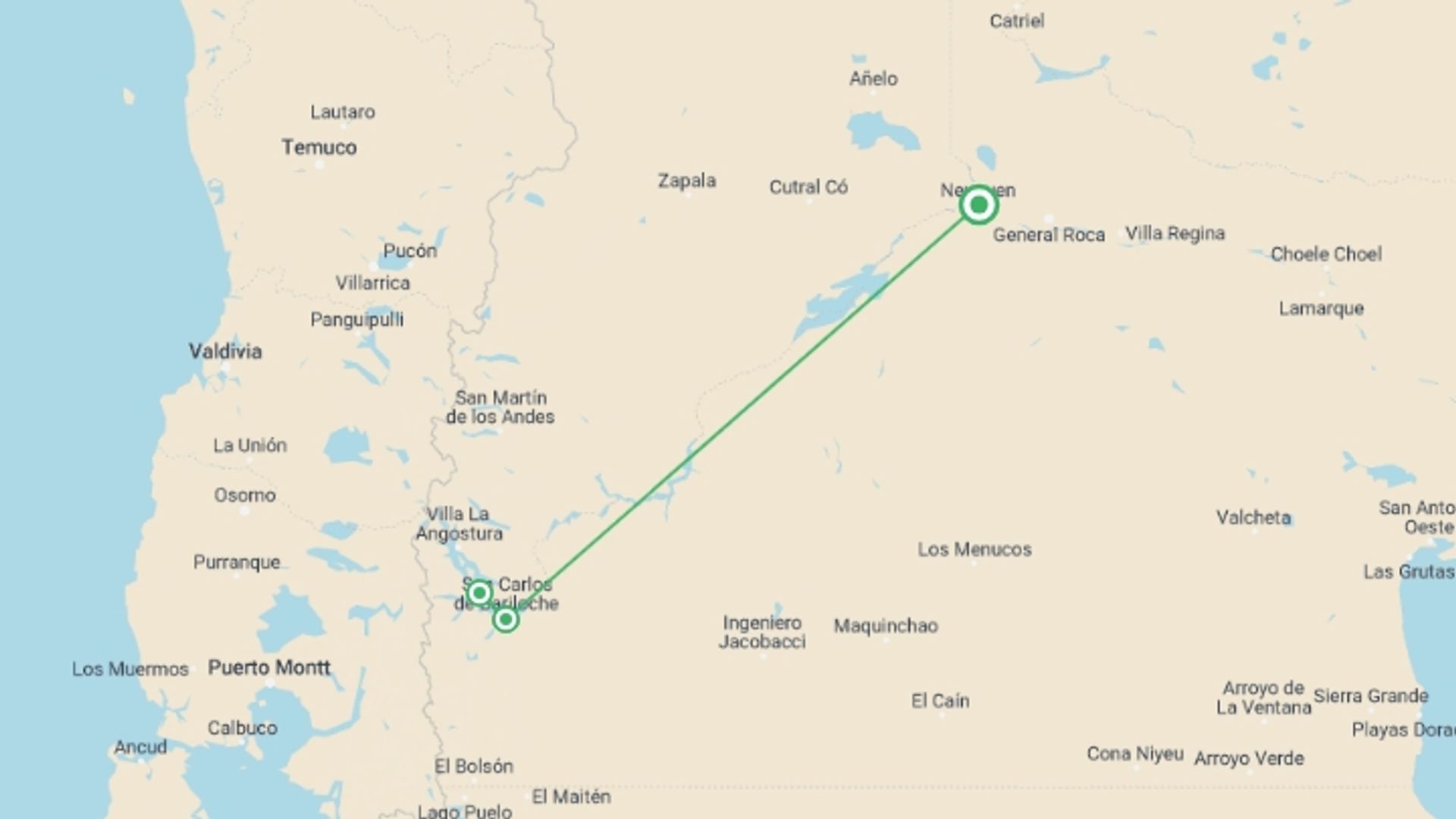 A map showing the tour itinerary for the trip: 5-Day Bariloche Luxury Tour, starting in Neuquen, Argentina and ending in Neuquen, Argentina going through 2 other destinations.