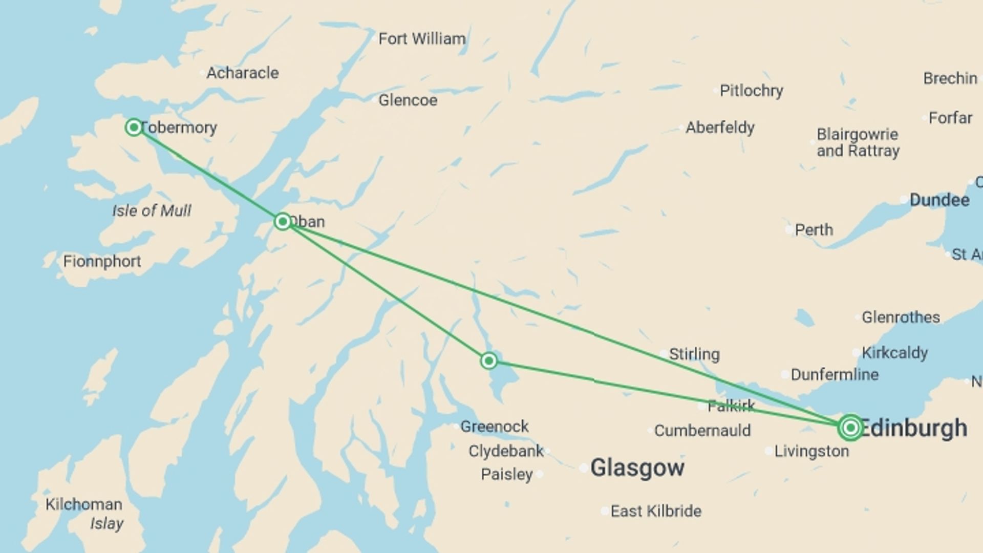 A map showing the tour itinerary for the trip: Puffin Island Hopper, starting in Edinburgh, Scotland and ending in Edinburgh, Scotland going through 3 other destinations.