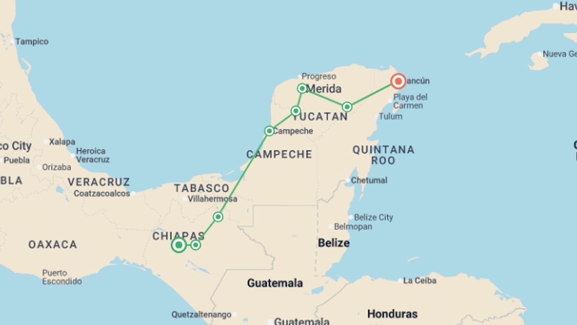 A map showing the tour itinerary for the trip: Best Of Chiapas & Yucatan With The Maya Train, Italian-speaking Guide, starting in San Cristobal De Las Casas, Mexico and ending in Cancún, Mexico going through 4 other destinations.