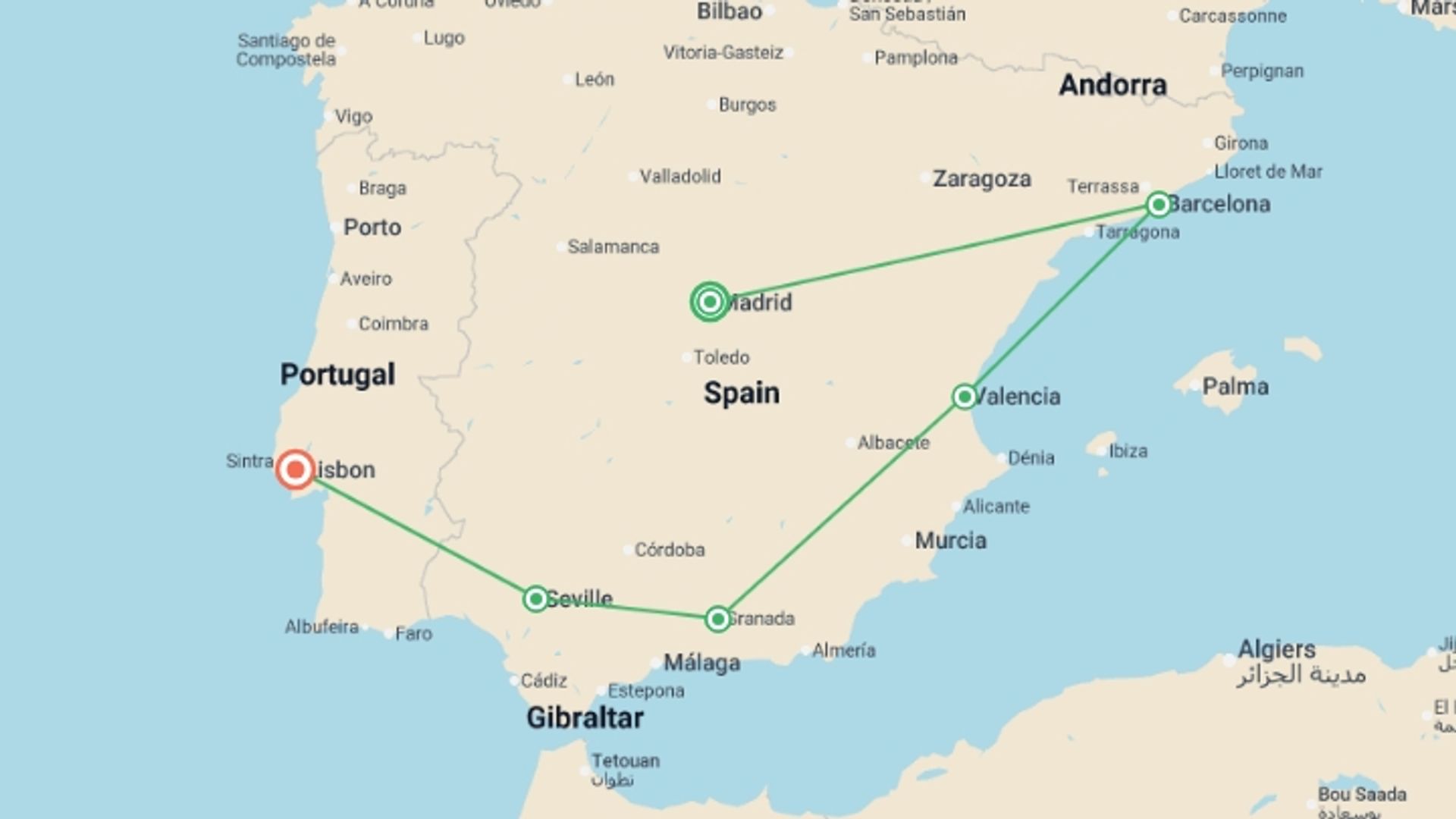 A map showing the tour itinerary for the trip: Spanish Ring with Lisbon, starting in Madrid, Spain and ending in Lisbon, Portugal going through 4 other destinations.