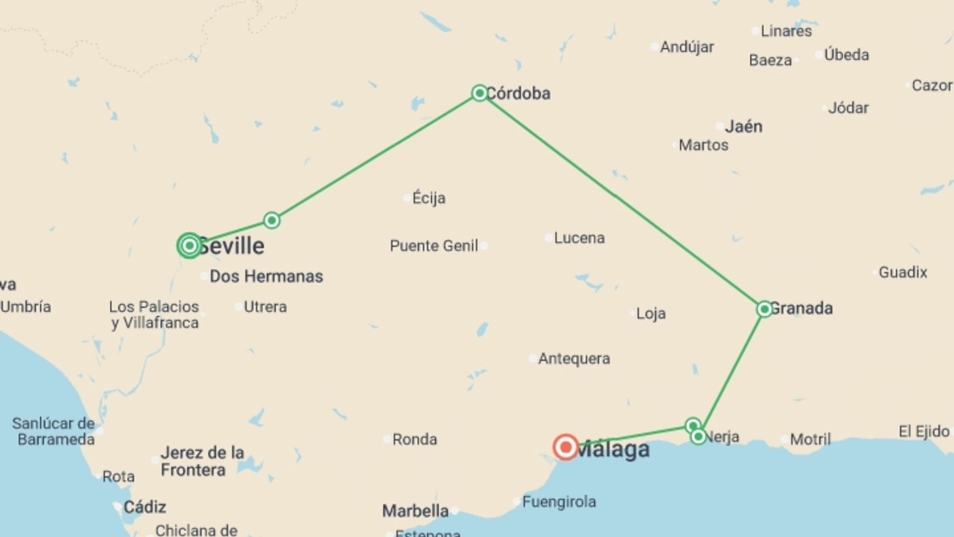 A map showing the tour itinerary for the trip: Route of the Andalusian Sun, starting in Seville, Spain and ending in Malaga, Spain going through 2 other destinations.