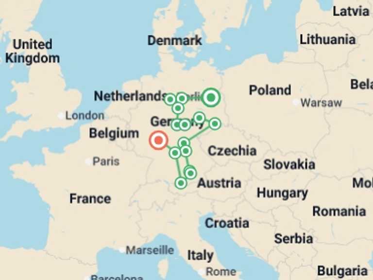 Map of 7-Day Berlin Tour with 7 destination visits for the trip: Full Germany Circuit, Ending in Frankfurt
