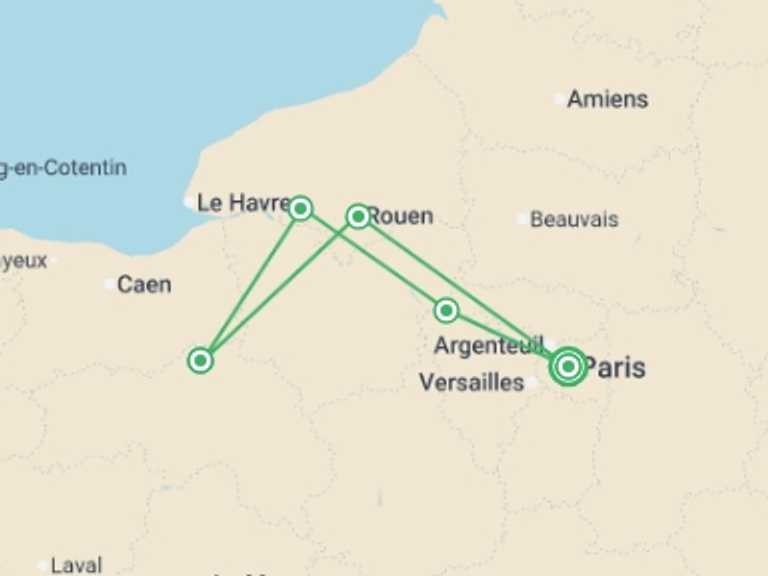 Map of France Cruise Tour with 6 destination visits for the trip: Authentic Normandy: Charming Villages, Traditional Food, and Classic Sites (port-to-port cruise)
