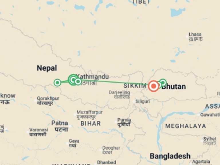 Map of Asia Tour with 6 destination visits for the trip: Signature: Himalayan Kingdoms of Nepal & Bhutan