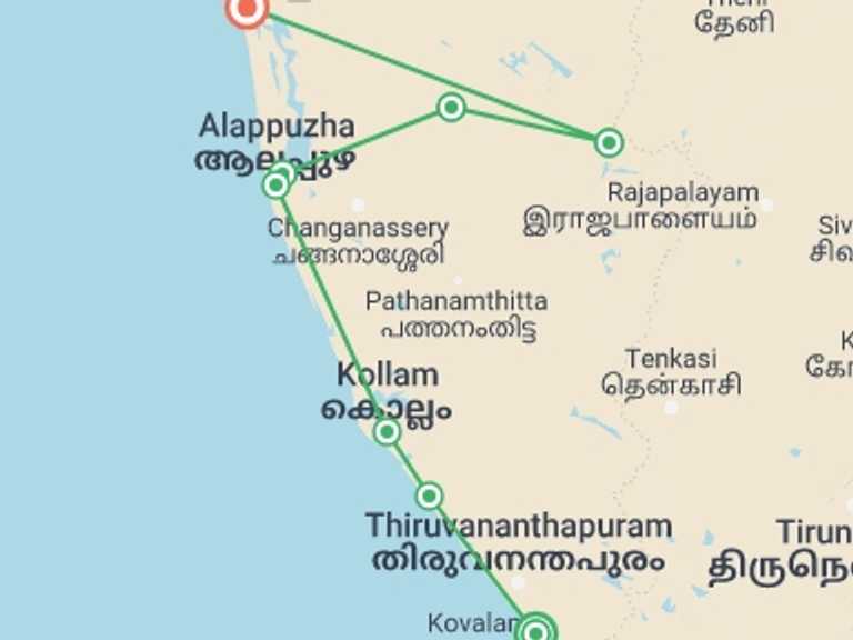 Map of 13-Day India Tour with 9 destination visits for the trip: Cycle Kerala