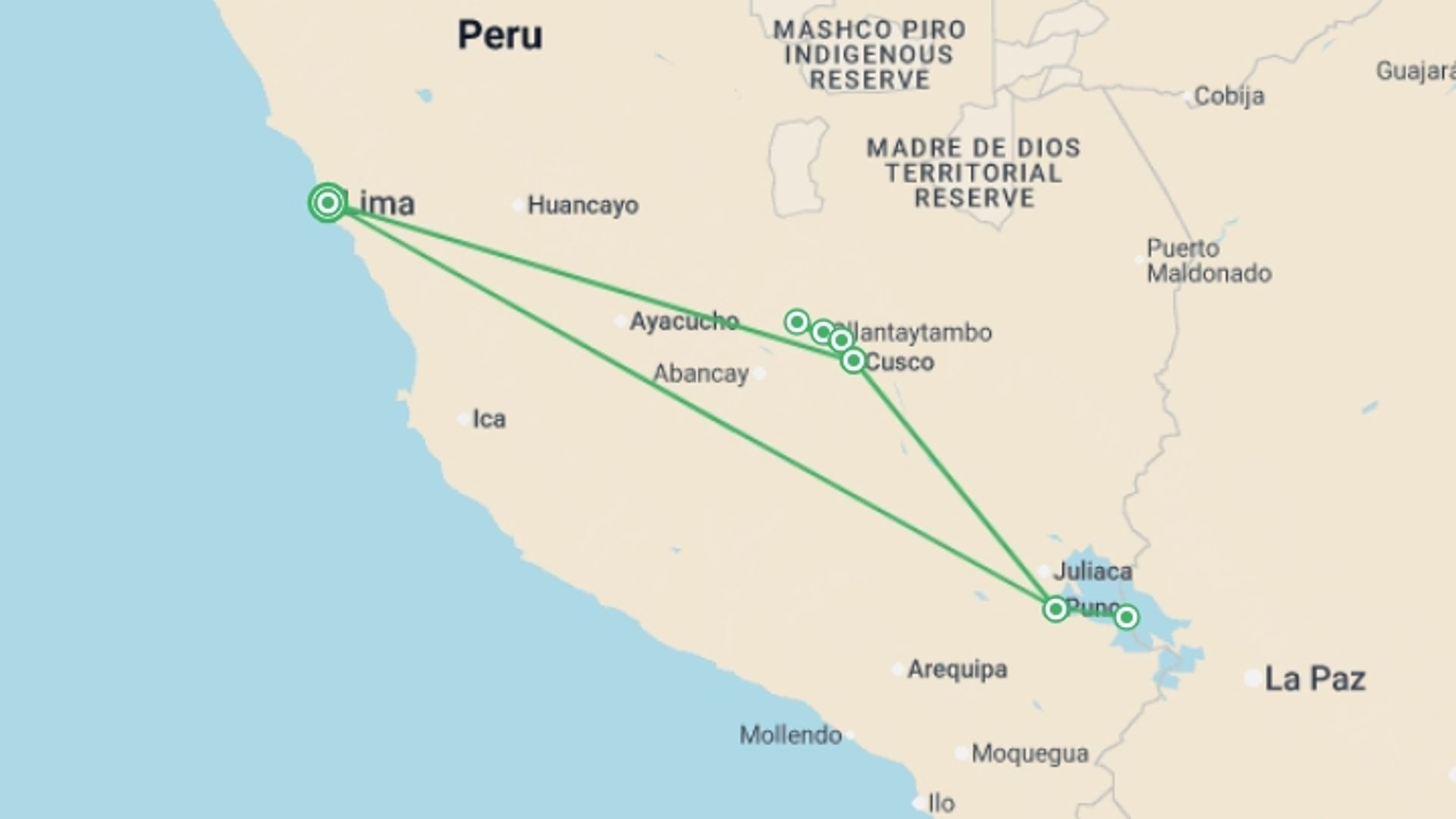 A map showing the tour itinerary for the trip: Peru: Machu Picchu and Lake Titicaca , starting in Lima, Peru and ending in Lima, Peru going through 4 other destinations.