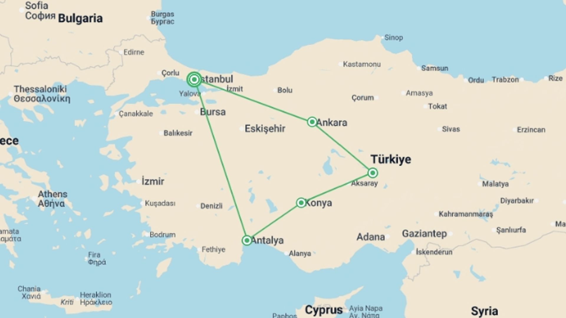 A map showing the tour itinerary for the trip: Fantastic Turkey, starting in Istanbul, Turkey and ending in Istanbul, Turkey going through 4 other destinations.