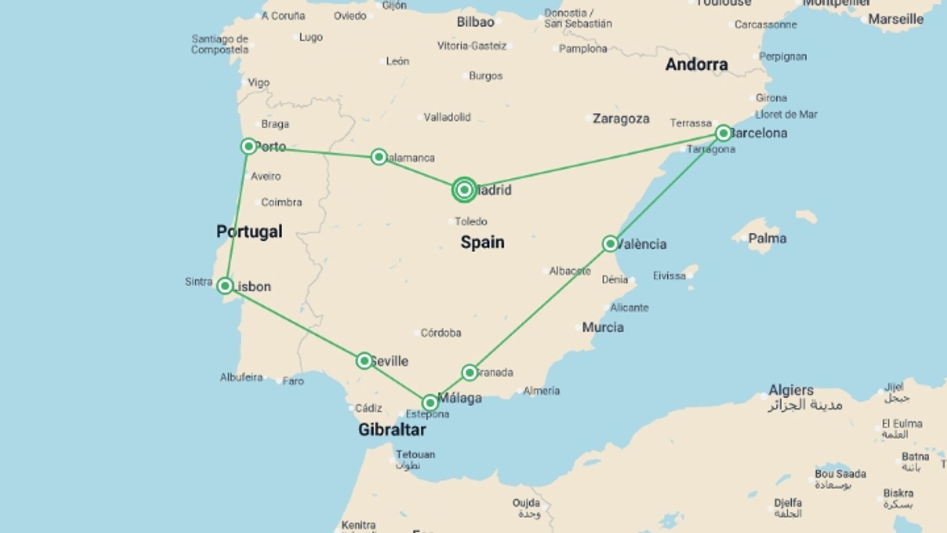 A map showing the tour itinerary for the trip: Best of Spain and Portugal - Small Group, starting in Madrid, Spain and ending in Madrid, Spain going through 8 other destinations.