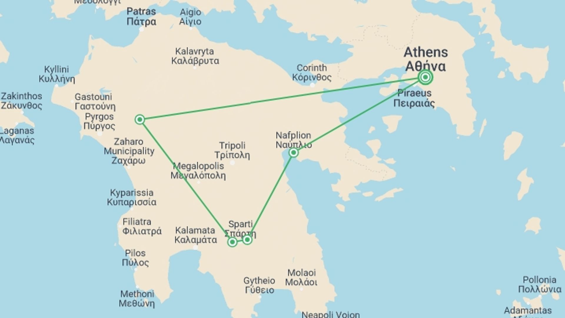 A map showing the tour itinerary for the trip: Best Places of Peloponnese, starting in Athens, Greece and ending in Athens, Greece going through 1 other destinations.