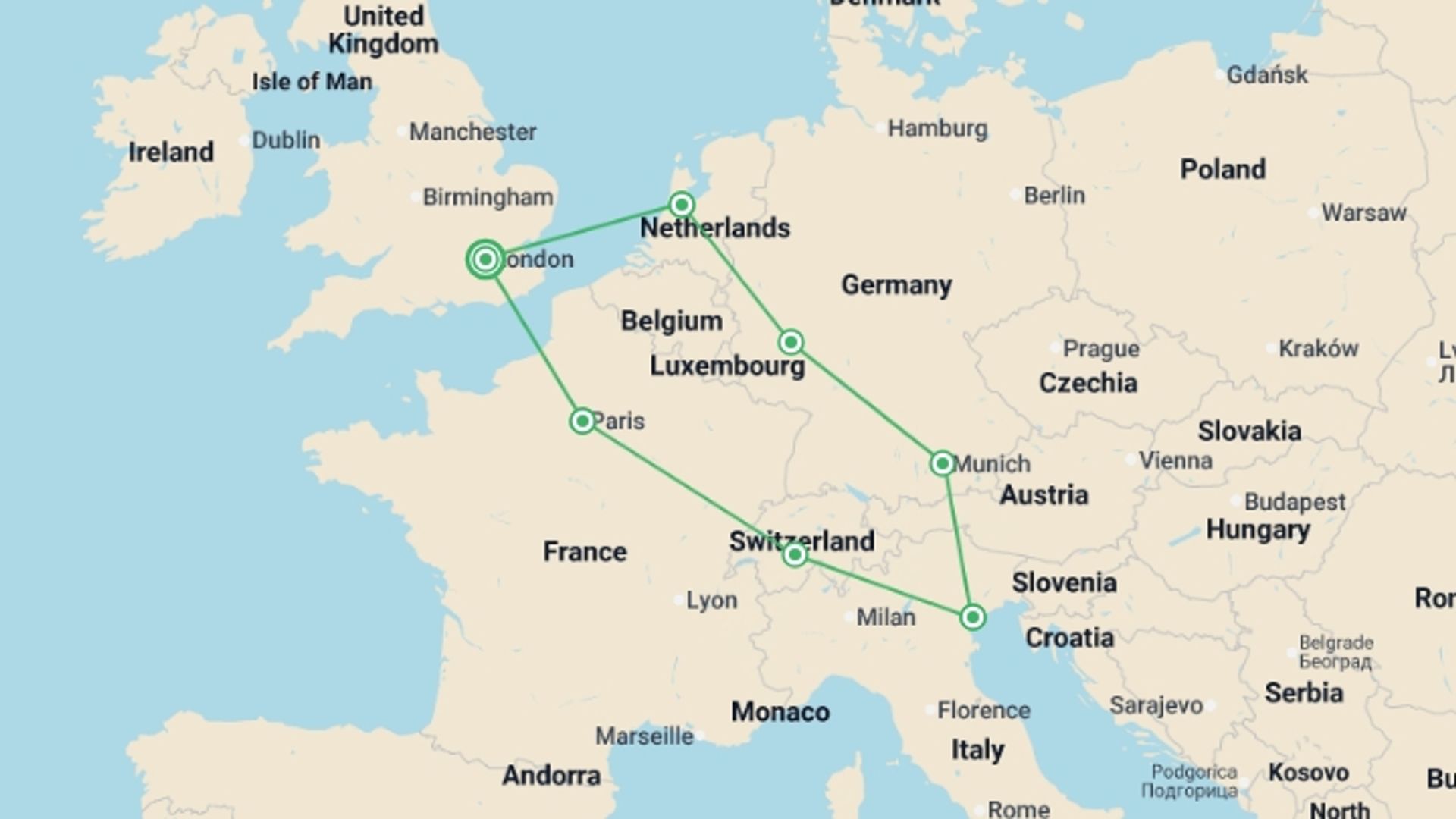 A map showing the tour itinerary for the trip: European Horizon, starting in London, England and ending in London, England going through 6 other destinations.