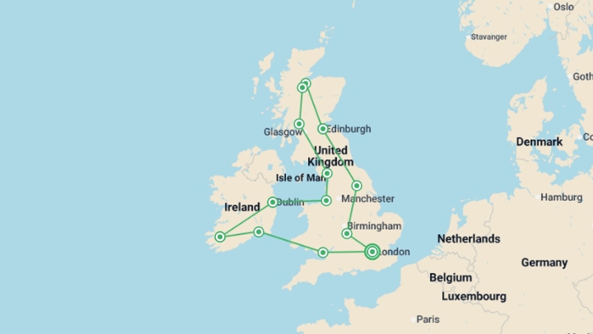 A map showing the tour itinerary for the trip: Britain & Ireland Explorer, starting in London, England and ending in London, England going through 9 other destinations.