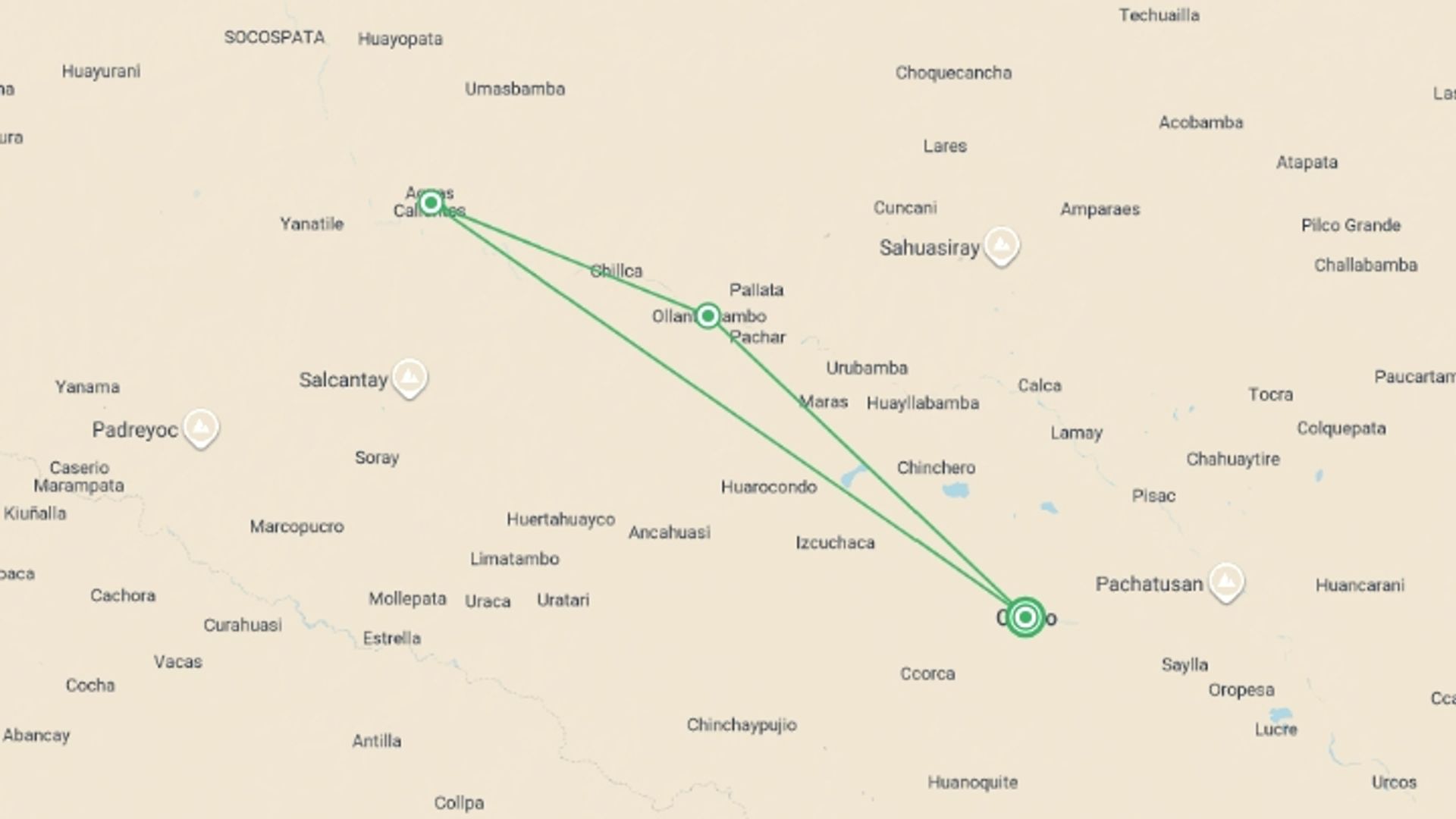 A map showing the tour itinerary for the trip: 2-Day Inca Trail to Machu Picchu from Cusco, starting in Cusco, Peru and ending in Cusco, Peru going through 1 other destinations.