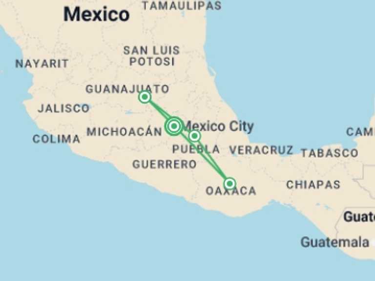 Map of 8-Day Mexico City Tour with 4 destination visits for the trip: Magical Escapes