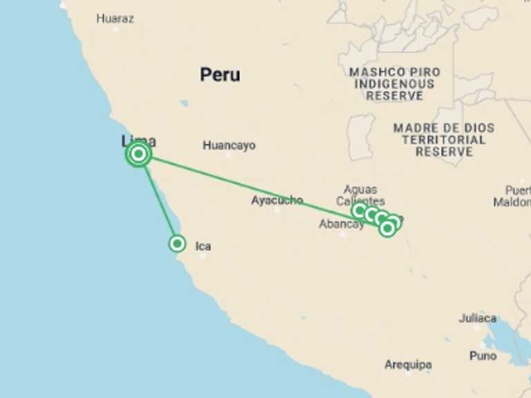 Map of 8-Day Lima Tour with 6 destination visits for the trip: Wonders of Peru