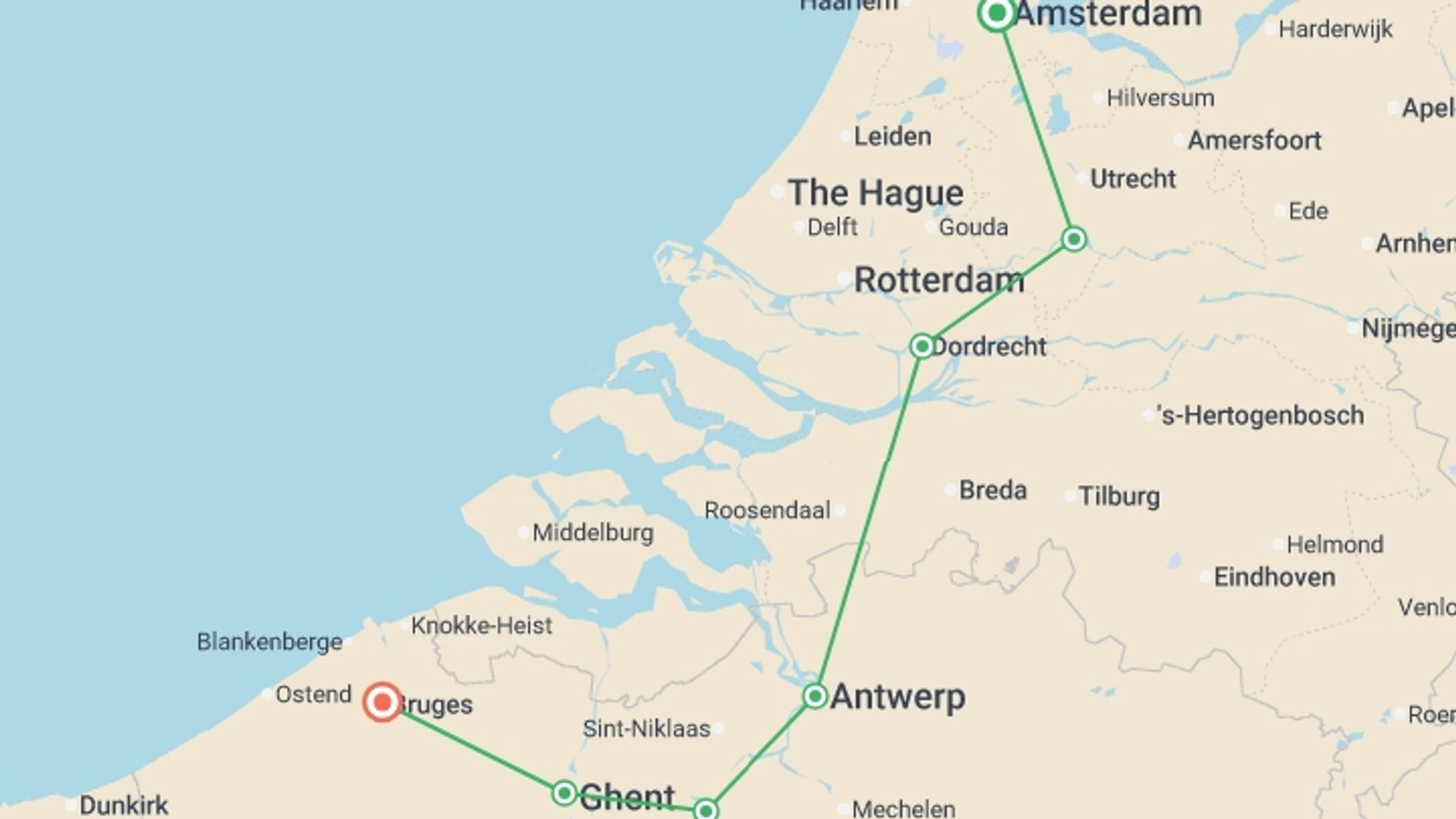 A map showing the tour itinerary for the trip: Amsterdam to Bruges Bike & Barge - Comfort, starting in Amsterdam, Holland and ending in Bruges, Belgium going through 5 other destinations.